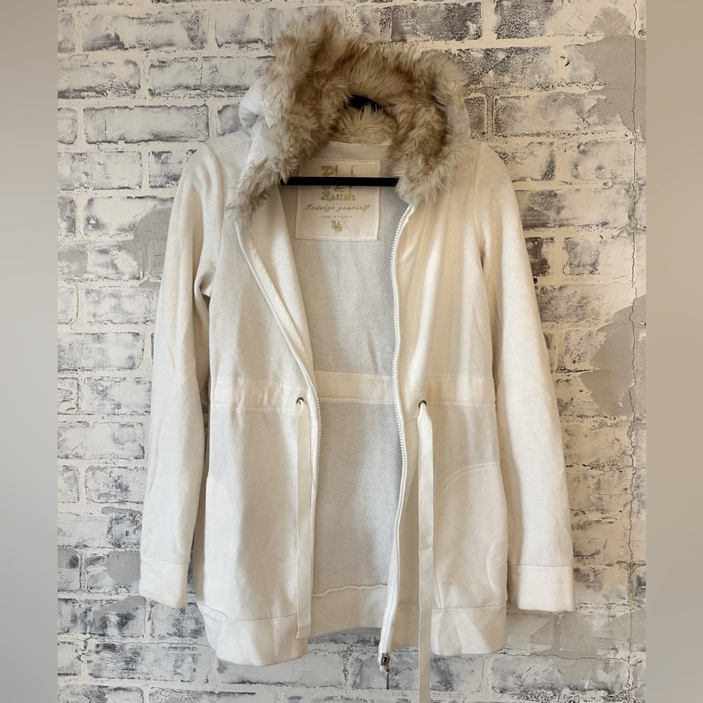 Cream Faux Fur Long Zipper Hoodie
